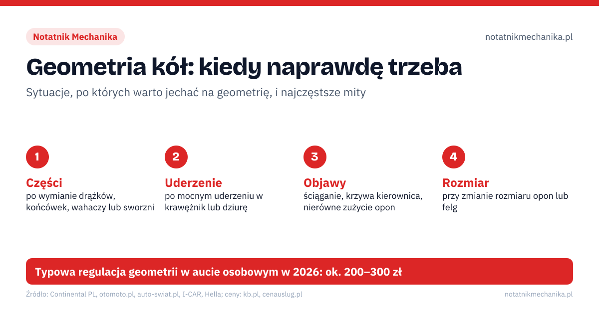 Geometria kół: kiedy naprawdę trzeba. Części: po wymianie drążków, końcówek, wahaczy lub sworzni; Uderzenie: po mocnym uderzeniu w krawężnik lub dziurę; Objawy: ściąganie, krzywa kierownica, nierówne zużycie opon; Rozmiar: przy zmianie rozmiaru opon lub felg. Źle: 2D mierzy tylko przód, a 3D cztery koła, po każdej sezonowej zmianie opon trzeba robić geometrię, geometria to regulacja wszystkich kątów, po geometrii zawsze trzeba kalibrować ADAS. Dobrze: zakres pomiaru zależy od liczby głowic lub tarcz i procedury, ten sam rozmiar i równe zużycie – geometria niepotrzebna, w wielu autach fabrycznie reguluje się tylko zbieżność, kalibracja zależy od producenta i zawsze idzie po geometrii. Typowa regulacja geometrii w aucie osobowym w 2026: ok. 200–300 zł