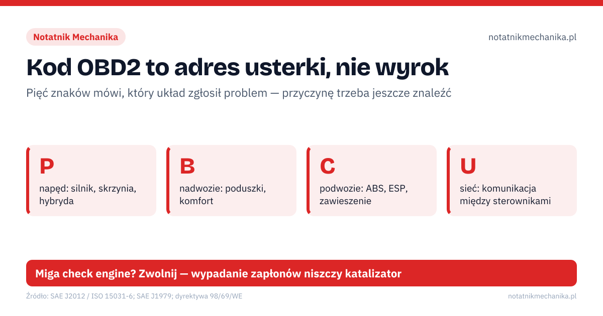 Kod OBD2 to adres usterki, nie wyrok. P – napęd: silnik, skrzynia, hybryda; B – nadwozie: poduszki, komfort; C – podwozie: ABS, ESP, zawieszenie; U – sieć: komunikacja między sterownikami. 1. znak: układ: P, B, C albo U; 2. znak: 0 = kod ogólny, 1 = kod producenta; 3. znak: podzespół, np. 3 = zapłon, 4 = emisja spalin; 4.–5. znak: numer konkretnej usterki. Miga check engine? Zwolnij — wypadanie zapłonów niszczy katalizator
