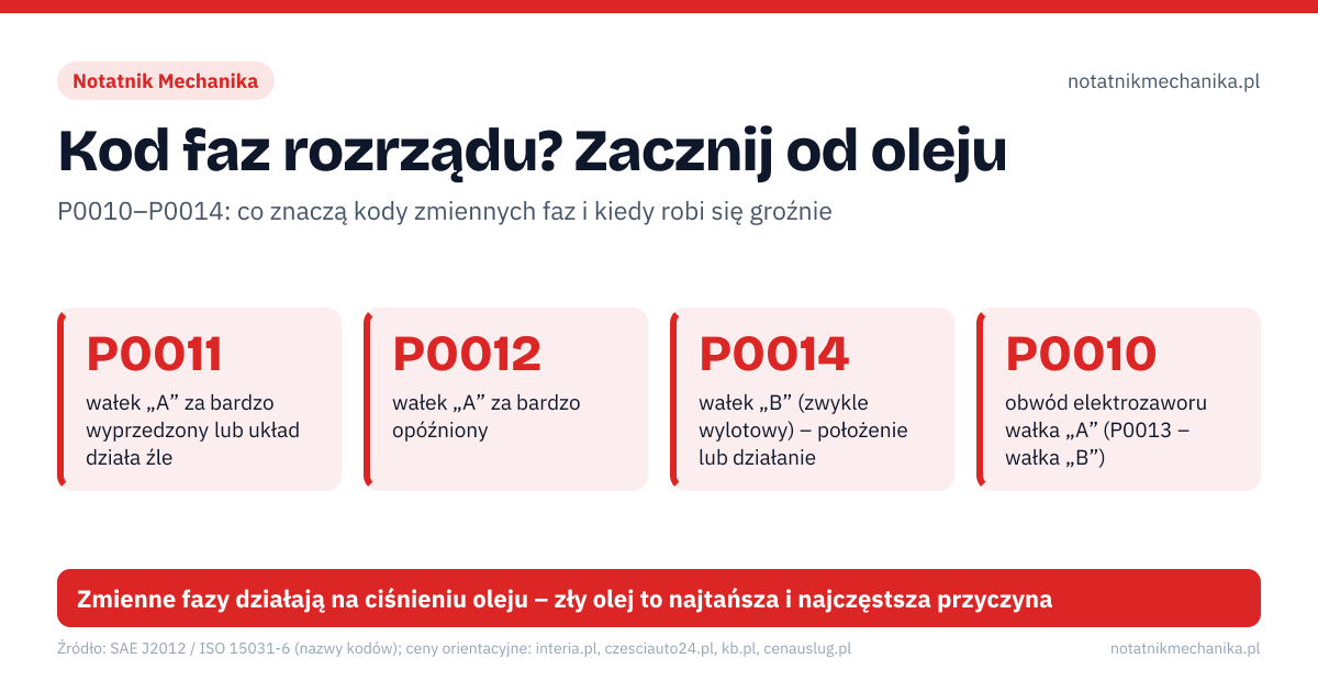 Kod faz rozrządu? Zacznij od oleju. P0011 – wałek „A” za bardzo wyprzedzony lub układ działa źle; P0012 – wałek „A” za bardzo opóźniony; P0014 – wałek „B” (zwykle wylotowy) – położenie lub działanie; P0010 – obwód elektrozaworu wałka „A” (P0013 – wałka „B”). 1: sprawdź poziom oleju i czy nie minął interwał wymiany; 2: elektrozawór faz: wtyczka, sitko, test aktywacji; 3: z P0016 lub grzechotem łańcucha – nie zwlekaj. Zmienne fazy działają na ciśnieniu oleju – zły olej to najtańsza i najczęstsza przyczyna
