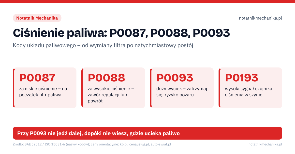 Ciśnienie paliwa: P0087, P0088, P0093. P0087 – za niskie ciśnienie – na początek filtr paliwa; P0088 – za wysokie ciśnienie – zawór regulacji lub powrót; P0093 – duży wyciek – zatrzymaj się, ryzyko pożaru; P0193 – wysoki sygnał czujnika ciśnienia w szynie. 1: P0093 lub zapach paliwa: zjedź, wyłącz silnik, nie pal; 2: zapisz kod i freeze frame, nie kasuj na ślepo; 3: mechanik porównuje ciśnienie zadane z rzeczywistym. Przy P0093 nie jedź dalej, dopóki nie wiesz, gdzie ucieka paliwo