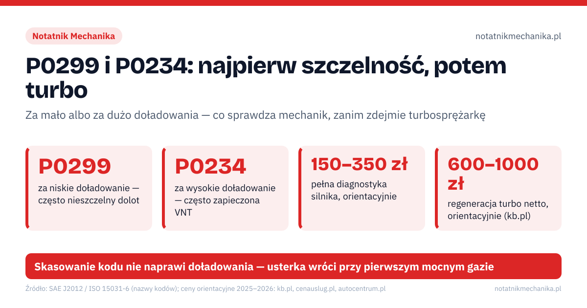 P0299 i P0234: najpierw szczelność, potem turbo. P0299 – za niskie doładowanie — często nieszczelny dolot; P0234 – za wysokie doładowanie — często zapieczona VNT; 150–350 zł – pełna diagnostyka silnika, orientacyjnie; 600–1000 zł – regeneracja turbo netto, orientacyjnie (kb.pl). Krok 1: zapisz kod i freeze frame, nie kasuj od razu; Krok 2: porównaj doładowanie zadane i rzeczywiste w danych na żywo; Krok 3: test szczelności dolotu dymem lub sprężonym powietrzem; Krok 4: sterowanie zmienną geometrią, elektrozawór, czujnik, DPF. Skasowanie kodu nie naprawi doładowania — usterka wróci przy pierwszym mocnym gazie