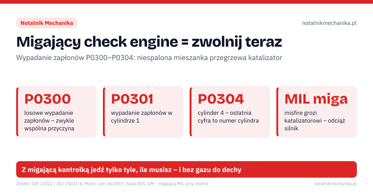 Migający check engine = zwolnij teraz. P0300 – losowe wypadanie zapłonów – zwykle wspólna przyczyna; P0301 – wypadanie zapłonów w cylindrze 1; P0304 – cylinder 4 – ostatnia cyfra to numer cylindra; MIL miga – misfire grozi katalizatorowi – odciąż silnik. 1: zapisz kod i freeze frame – obroty, obciążenie, gaz czy benzyna; 2: zamień cewkę z sąsiednim cylindrem; 3: błąd przeszedł za cewką – winna cewka; 4: został – sprawdź świecę, wtryskiwacz, kompresję. Z migającą kontrolką jedź tylko tyle, ile musisz – i bez gazu do dechy