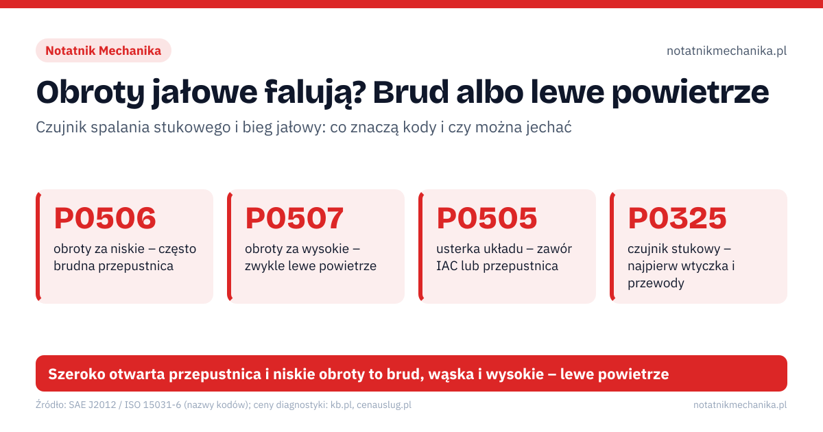 Obroty jałowe falują? Brud albo lewe powietrze. P0506 – obroty za niskie – często brudna przepustnica; P0507 – obroty za wysokie – zwykle lewe powietrze; P0505 – usterka układu – zawór IAC lub przepustnica; P0325 – czujnik stukowy – najpierw wtyczka i przewody; P0327 – niski sygnał – też zły moment dokręcenia czujnika. 1: zapisz kod i freeze frame, dopiero potem kasuj; 2: mechanik porównuje obroty zadane z rzeczywistymi; 3: po czyszczeniu przepustnicy często potrzebna adaptacja. Szeroko otwarta przepustnica i niskie obroty to brud, wąska i wysokie – lewe powietrze