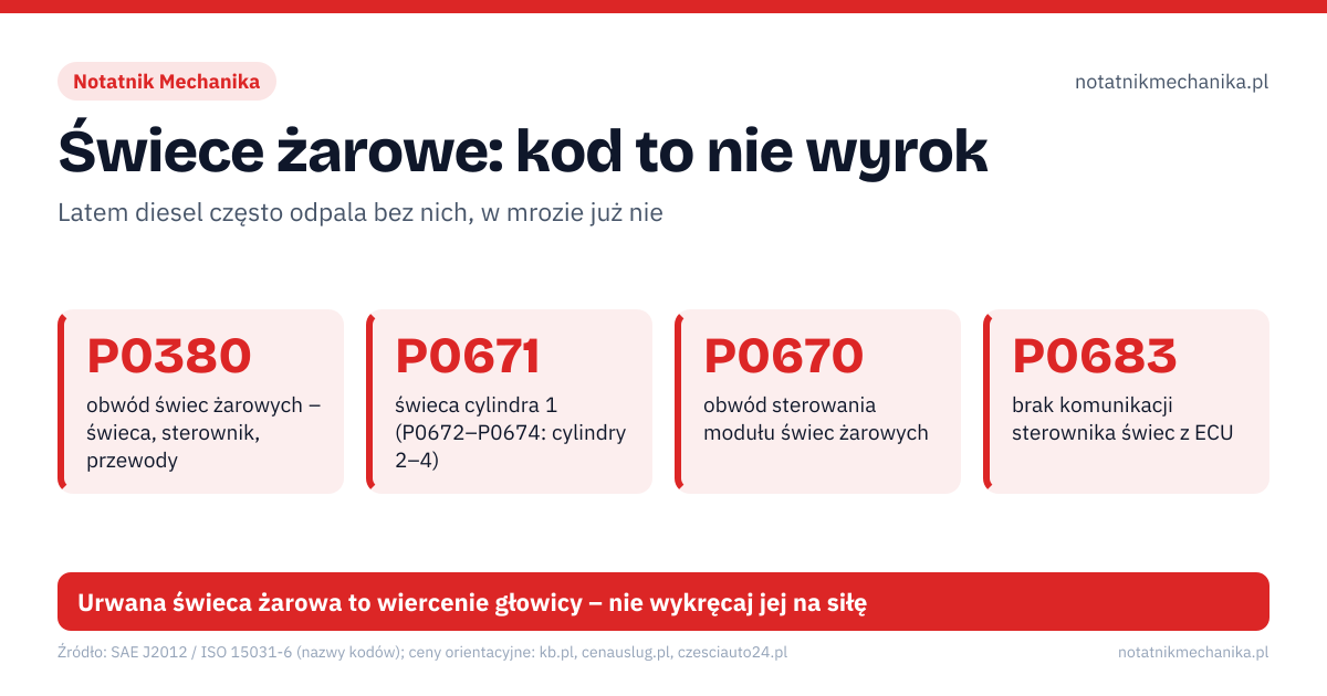 Świece żarowe: kod to nie wyrok. P0380 – obwód świec żarowych – świeca, sterownik, przewody; P0671 – świeca cylindra 1 (P0672–P0674: cylindry 2–4); P0670 – obwód sterowania modułu świec żarowych; P0683 – brak komunikacji sterownika świec z ECU. 1: zapisz kod i freeze frame, dopiero potem kasuj; 2: mechanik mierzy opór i prąd świecy przed wykręceniem; 3: zapieczone świece wykręca się na ciepłym silniku. Urwana świeca żarowa to wiercenie głowicy – nie wykręcaj jej na siłę