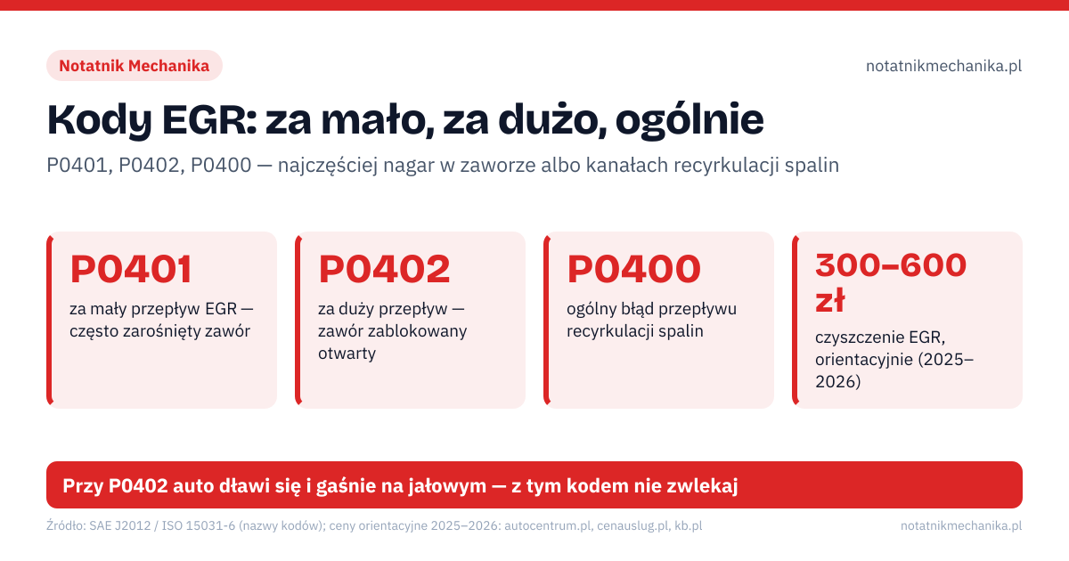 Kody EGR: za mało, za dużo, ogólnie. P0401 – za mały przepływ EGR — często zarośnięty zawór; P0402 – za duży przepływ — zawór zablokowany otwarty; P0400 – ogólny błąd przepływu recyrkulacji spalin; 300–600 zł – czyszczenie EGR, orientacyjnie (2025–2026). Krok 1: zapisz kod i freeze frame, odczytaj wszystkie kody; Krok 2: test zaworu: sterowanie lub adaptacja testerem; Krok 3: pozycja zadana vs rzeczywista w danych na żywo; Krok 4: oględziny nagaru w zaworze, kanałach i chłodnicy EGR. Przy P0402 auto dławi się i gaśnie na jałowym — z tym kodem nie zwlekaj
