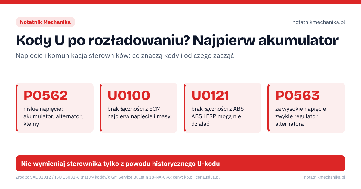 Kody U po rozładowaniu? Najpierw akumulator. P0562 – niskie napięcie: akumulator, alternator, klemy; U0100 – brak łączności z ECM – najpierw napięcie i masy; U0121 – brak łączności z ABS – ABS i ESP mogą nie działać; P0563 – za wysokie napięcie – zwykle regulator alternatora; P0606 – procesor ECM – najpierw zasilanie, masy, aktualizacja. 1: zapisz kody ze wszystkich modułów i ich status; 2: sprawdź akumulator, ładowanie, klemy i masy; 3: skasuj kody historyczne i obserwuj, czy wracają. Nie wymieniaj sterownika tylko z powodu historycznego U-kodu