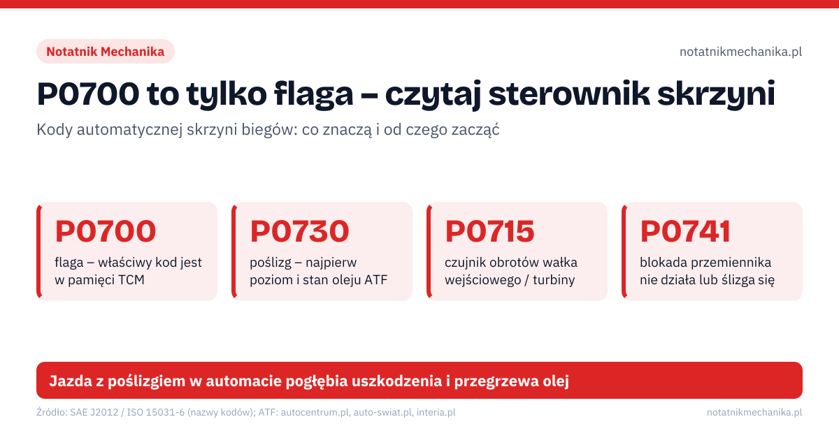 P0700 to tylko flaga – czytaj sterownik skrzyni. P0700 – flaga – właściwy kod jest w pamięci TCM; P0730 – poślizg – najpierw poziom i stan oleju ATF; P0715 – czujnik obrotów wałka wejściowego / turbiny; P0741 – blokada przemiennika nie działa lub ślizga się; P0841 – czujnik ciśnienia oleju – często niski poziom ATF. 1: odczytaj pamięć sterownika skrzyni (TCM), nie tylko silnika; 2: sprawdź poziom i stan ATF wg procedury producenta; 3: przy poślizgu nie jedź dalej niż do warsztatu. Jazda z poślizgiem w automacie pogłębia uszkodzenia i przegrzewa olej