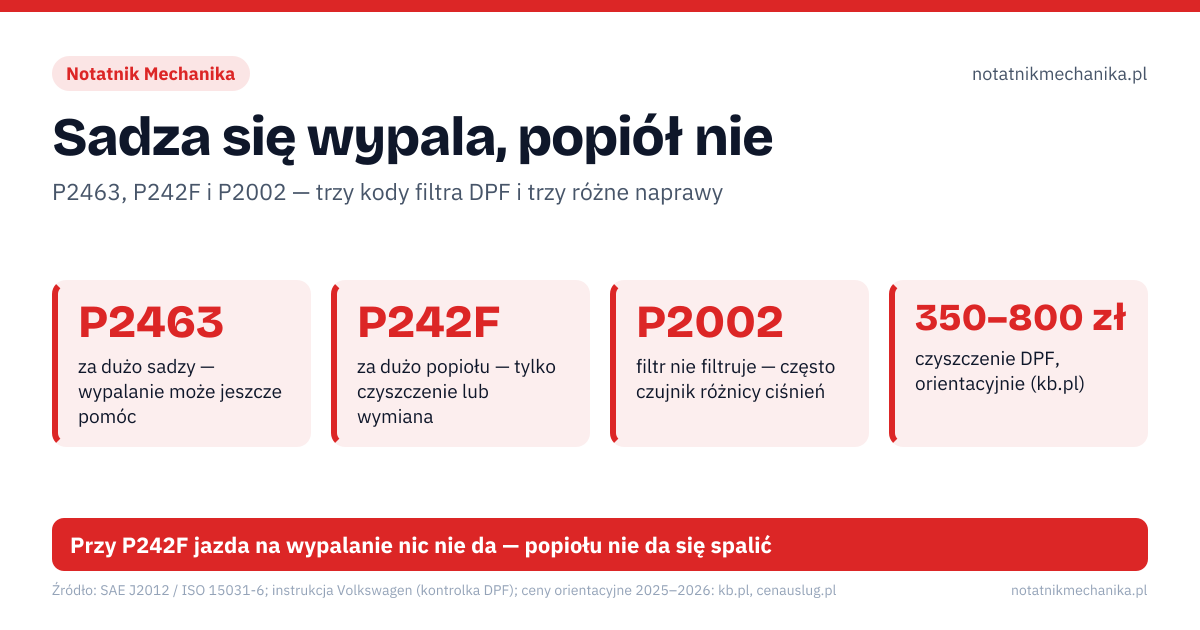 Sadza się wypala, popiół nie. P2463 – za dużo sadzy — wypalanie może jeszcze pomóc; P242F – za dużo popiołu — tylko czyszczenie lub wymiana; P2002 – filtr nie filtruje — często czujnik różnicy ciśnień; 350–800 zł – czyszczenie DPF, orientacyjnie (kb.pl). ≥60 km/h: kontrolka DPF u VW: jazda co najmniej 60 km/h; 1800–2500: obroty silnika (automat: tryb S); ≥15 min: co najmniej 15 minut, aż kontrolka zgaśnie. Przy P242F jazda na wypalanie nic nie da — popiołu nie da się spalić