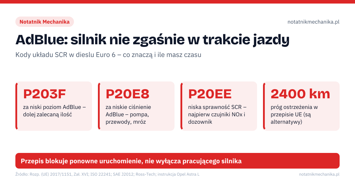 AdBlue: silnik nie zgaśnie w trakcie jazdy. P203F – za niski poziom AdBlue – dolej zalecaną ilość; P20E8 – za niskie ciśnienie AdBlue – pompa, przewody, mróz; P20EE – niska sprawność SCR – najpierw czujniki NOx i dozownik; 2400 km – próg ostrzeżenia w przepisie UE (są alternatywy); 50 km – na usunięcie usterki dozowania, potem wymuszenie; −11 °C – w tej temperaturze AdBlue zaczyna zamarzać. 1: zapisz kody i freeze frame, sprawdź poziom AdBlue; 2: dolej tyle, ile podaje instrukcja – 1–2 l może nie wystarczyć; 3: przy pełnym zbiorniku: warsztat, zanim skończy się odliczanie. Przepis blokuje ponowne uruchomienie, nie wyłącza pracującego silnika