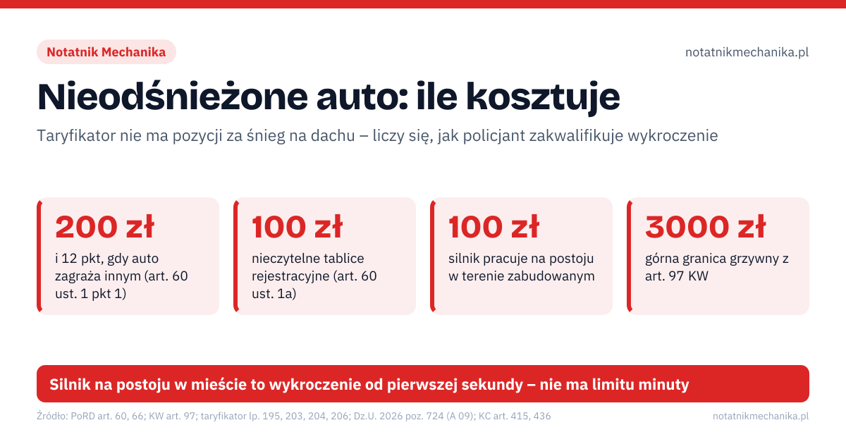 Nieodśnieżone auto: ile kosztuje. 200 zł – i 12 pkt, gdy auto zagraża innym (art. 60 ust. 1 pkt 1); 100 zł – nieczytelne tablice rejestracyjne (art. 60 ust. 1a); 100 zł – silnik pracuje na postoju w terenie zabudowanym; 3000 zł – górna granica grzywny z art. 97 KW. Źle: rozgrzewam silnik na postoju, a potem odśnieżam, odśnieżam tylko kawałek szyby przed sobą, śnieg z dachu sam spadnie w trakcie jazdy. Dobrze: najpierw odśnieżam, potem uruchamiam silnik i ruszam, czyste wszystkie szyby, lusterka, światła i tablice, dach i maska bez śniegu i lodu przed wyjazdem. Silnik na postoju w mieście to wykroczenie od pierwszej sekundy – nie ma limitu minuty